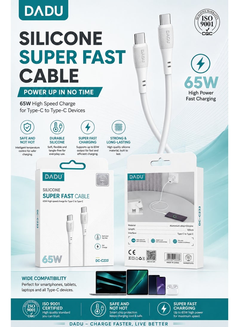 دادو كابل شحن سريع USB-C إلى USB-C بقدرة 65 واط، يتميز بتقنية الشحن السريع (Power Delivery) وشريحة ذكية لضمان الأداء العالي، ومصنوع من السيليكون الفاخر لنقل البيانات، مع هيكل متين من سبائك الألومنيوم؛ متوافق مع أجهزة الكمبيوتر المحمولة والهواتف الذكية والأجهزة اللوحية وبنوك الطاقة (Power Banks) وغيرها من الأجهزة المزودة بمنفذ USB-C (طول الكابل: 1 متر). - Image 2