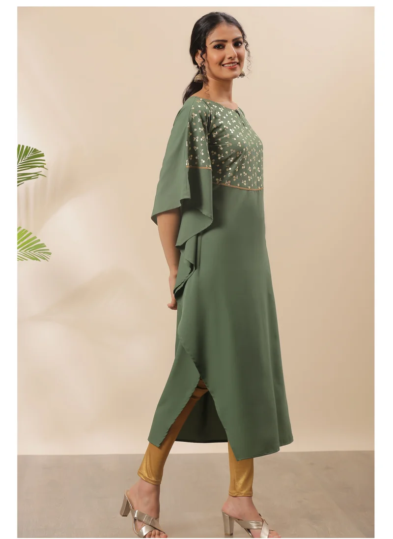 kolaba Green Foil Printed Kaftan Style Kurti