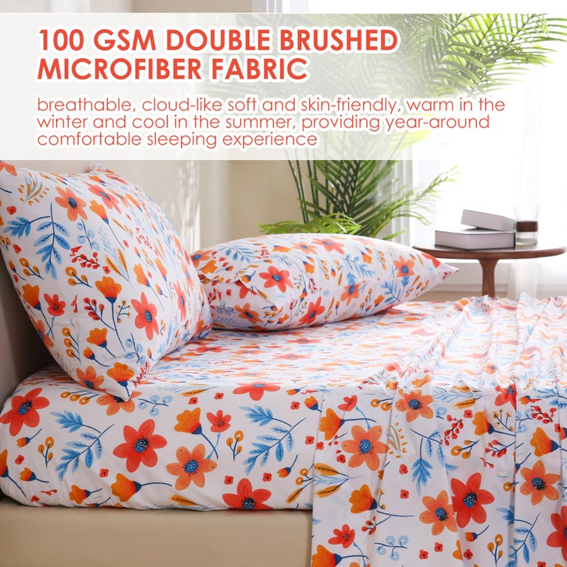 جي اس دي JSD الأزرق الأزهار الأزهار ورقة مجموعة الملك الحجم 4 قطعة ورقة السرير microfiber مطبوعة الجيب العميق - Image 5