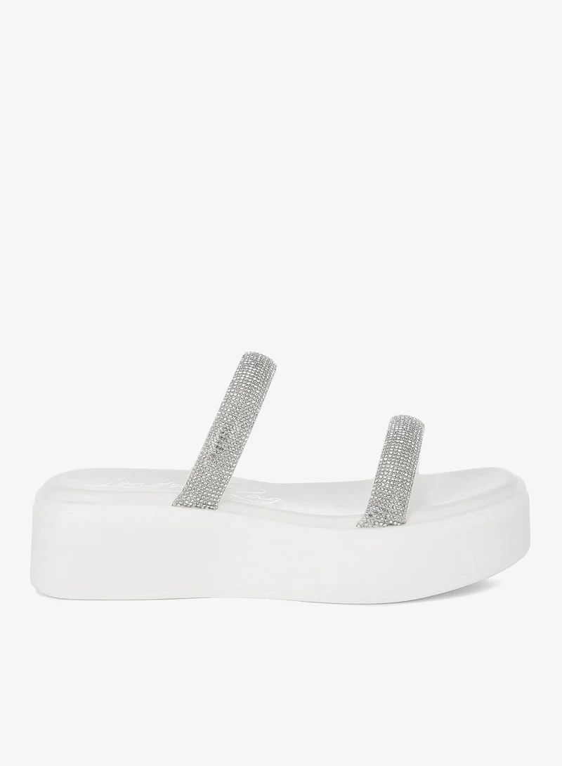 Chunky Rhinestone Platform Sandals in White