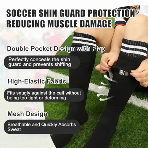 RGJ Soccer Shin Guards for Kids Youth, Toddler Shin Pads with Sleeves and Long Soccer Socks for Age 2-12 Boys & Girls Toddler Children Teenagers, Protective Lightweight Soccer Equipment (Black-M) - Image 4