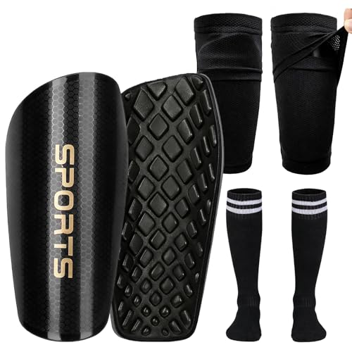 RGJ Soccer Shin Guards for Kids Youth, Toddler Shin Pads with Sleeves and Long Soccer Socks for Age 2-12 Boys & Girls Toddler Children Teenagers, Protective Lightweight Soccer Equipment (Black-M) - Image 1