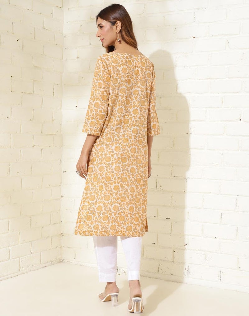 Fabindia Yellow Cotton Hand Block Printed Long Kurta - Image 4