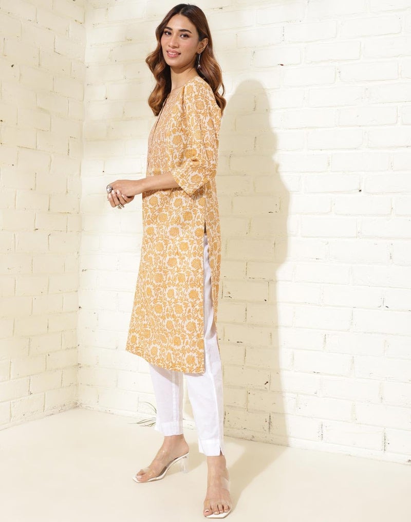 Fabindia Yellow Cotton Hand Block Printed Long Kurta - Image 3
