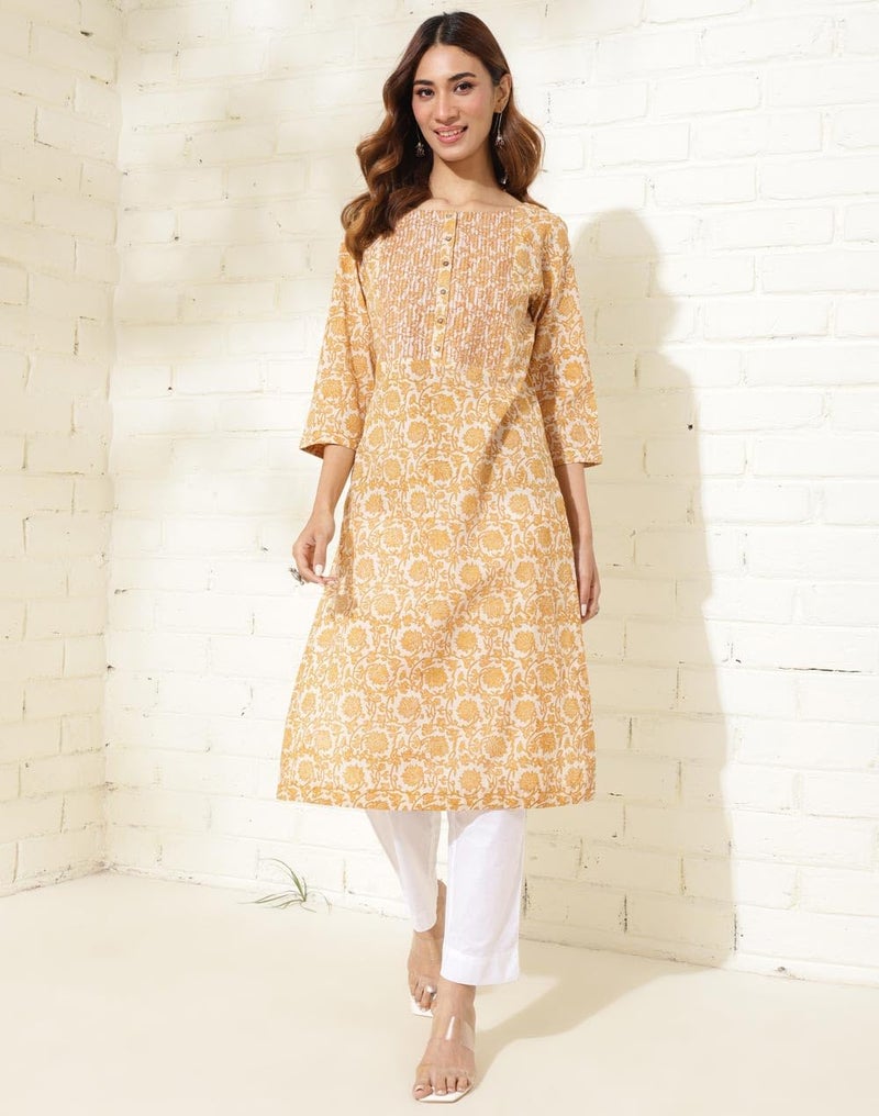 Fabindia Yellow Cotton Hand Block Printed Long Kurta - Image 5