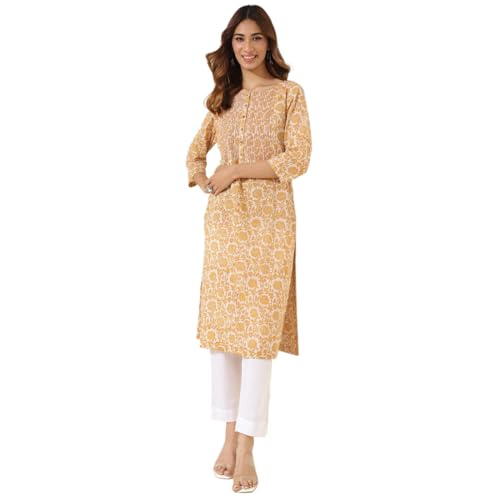 Fabindia Yellow Cotton Hand Block Printed Long Kurta - Image 1