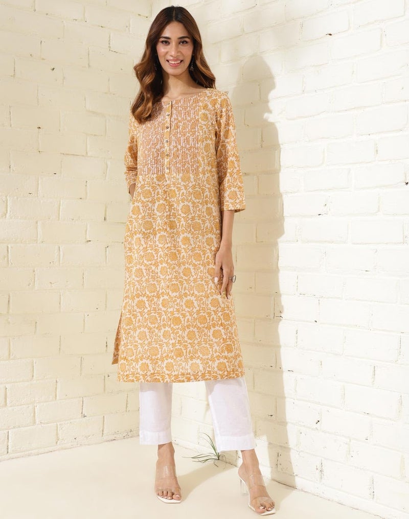 Fabindia Yellow Cotton Hand Block Printed Long Kurta - Image 2
