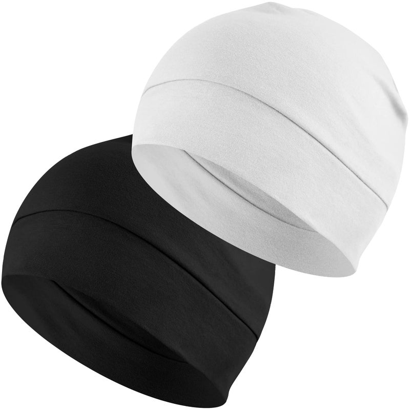 Headshion Cotton Skull Caps for Men Women,2-Pack Lightweight Beanie Sleep Hats Breathable Helmet Liner Black,White - Image 1