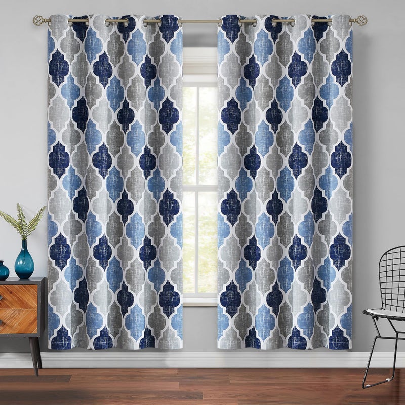 Beauoop 100% Blackout Curtains 72 Inches Long 2 Panels for Bedroom Living Room Blue Grey Moroccan Geo Room Darkening Thermal Insulated Soundproof Grommet Top Window Treatments Drapes, 50x72 Set of 2 - Image 1