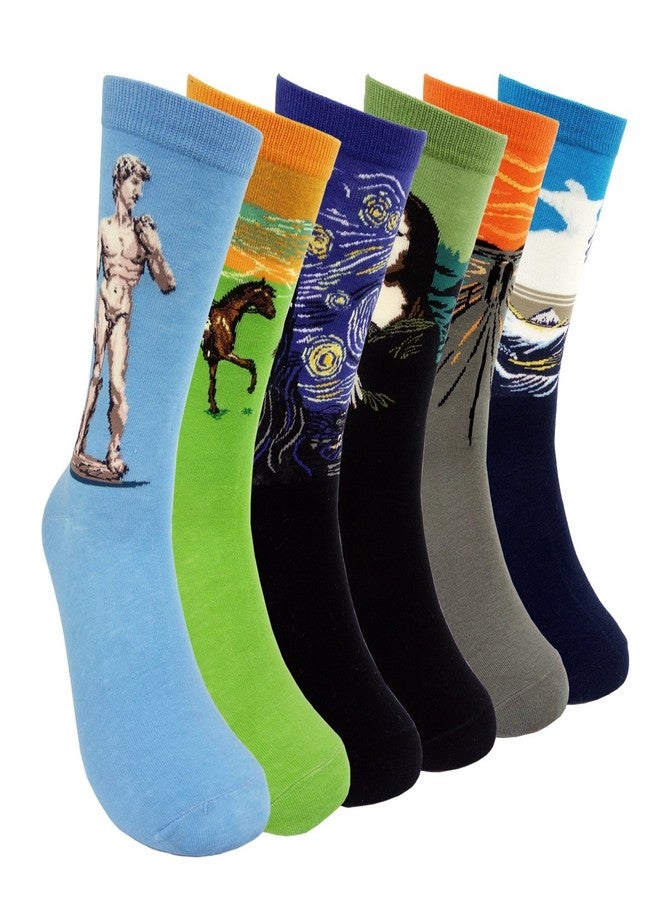 HSELL Famous Painting Art Printed Mens Dress Socks - Crazy Patterned Fun Crew Cotton Socks 6 Pack (C2), One Size - Image 1