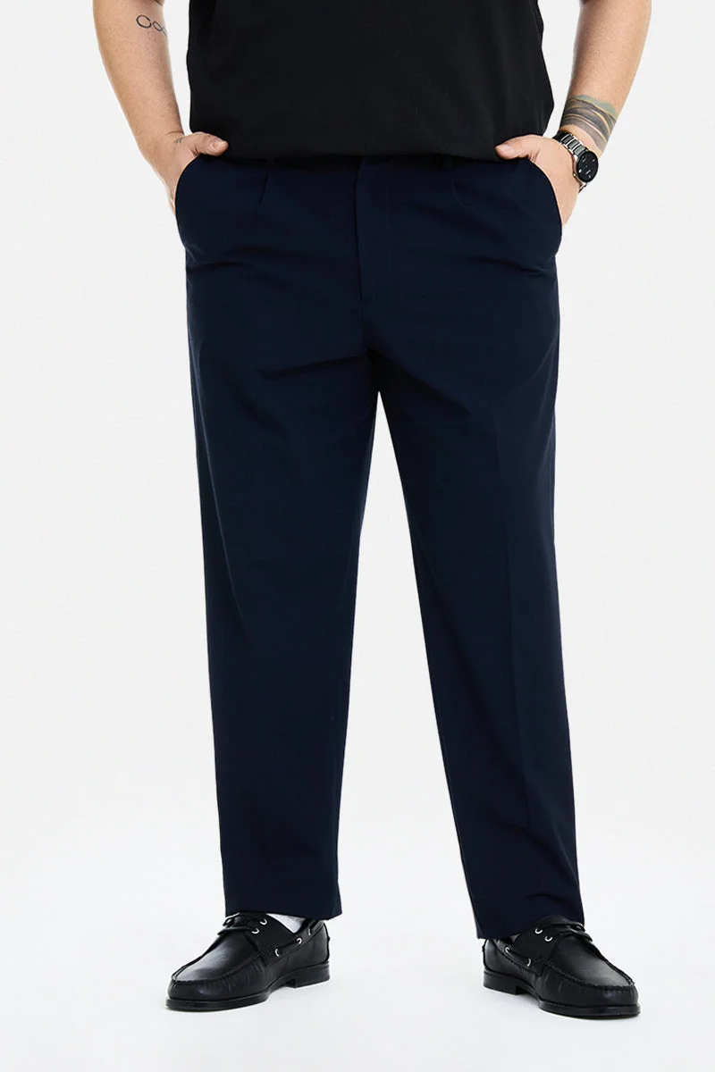 SNITCH Navy Blue Textured Regular Fit Formal Plus Size Trousers