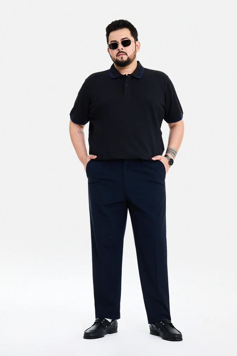 SNITCH Navy Blue Textured Regular Fit Formal Plus Size Trousers