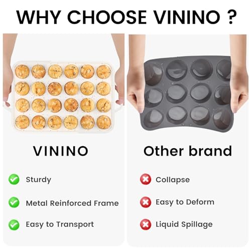 Vinino Mini Muffin Pan with Metal Reinforced Frame-1Pack, Silicone Cupcake Pan for Baking 24 Cup Mini Size, BPA Free Silicone Muffin Tray, Cupcake Baking Pan Molds for Oven Dishwasher Safe-Cream - Image 4