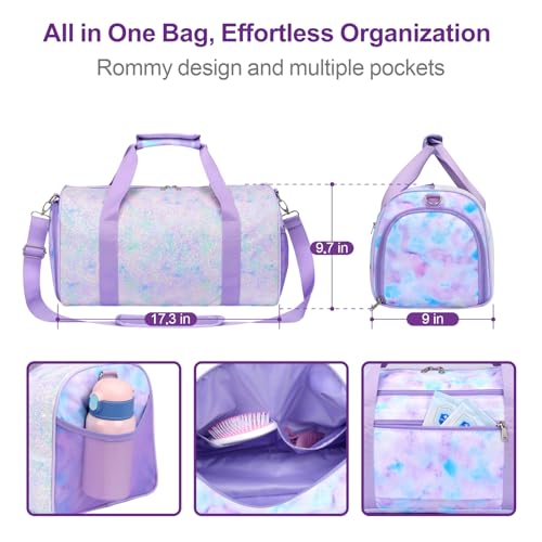 Bagseri Duffel Bags for Kids Girls Dance Ballet Bag Waterproof Sports Gymnastics Bag for Girls Kids Sleepover Duffel Bag with Shoe Compartment and Dry Wet Separation Pockets Tiedye Purple - Image 3