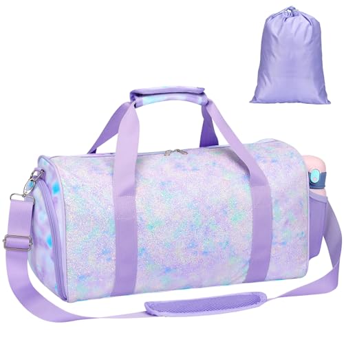 Bagseri Duffel Bags for Kids Girls Dance Ballet Bag Waterproof Sports Gymnastics Bag for Girls Kids Sleepover Duffel Bag with Shoe Compartment and Dry Wet Separation Pockets Tiedye Purple - Image 1
