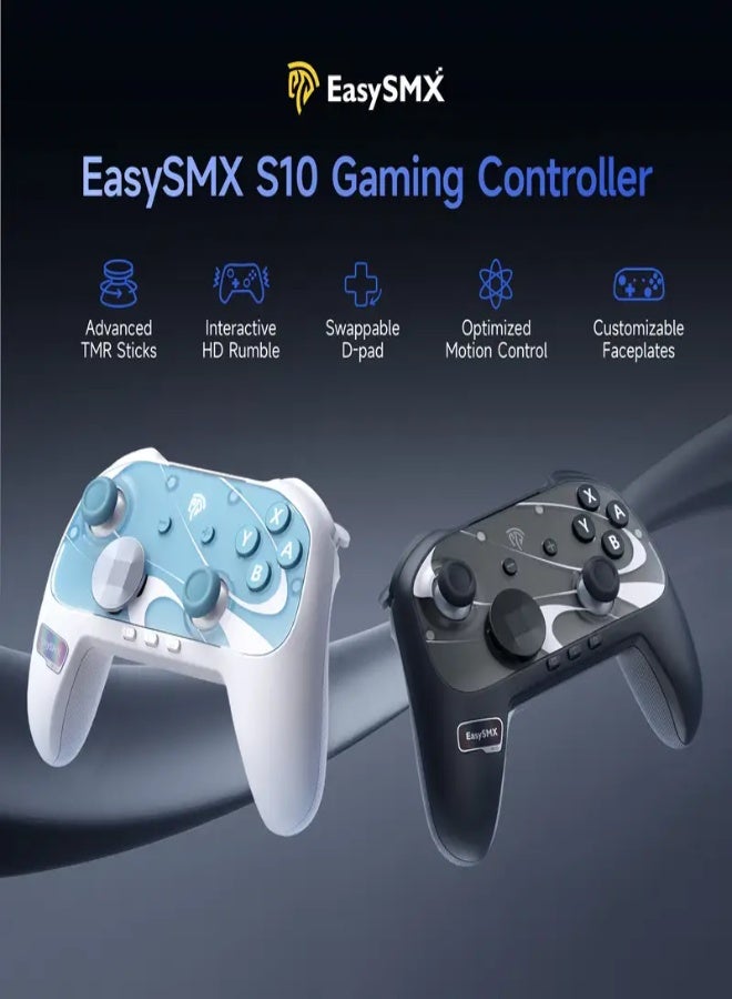 EasySMX S10 Wireless Gamepad Controller with RGB Lighting, TMR Joysticks, 6-Axis Gyroscope, NFC Sensor, Magnetic Detachable Faceplates, 1200mAh Battery, Compatible with Switch 2/PC/Phone/TV - White/Blue - Image 2