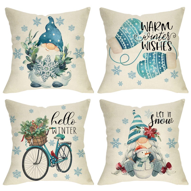 Softxpp Softxpp Hello Winter Warm Wishes Gnome Throw Pillow Cover Set of 4 18x18 Cardinal Let It Snow Blue Mitten Snowflakes Cushion Case Snowman Farmhouse Home Christmas Decoration Pillowcase Decors 