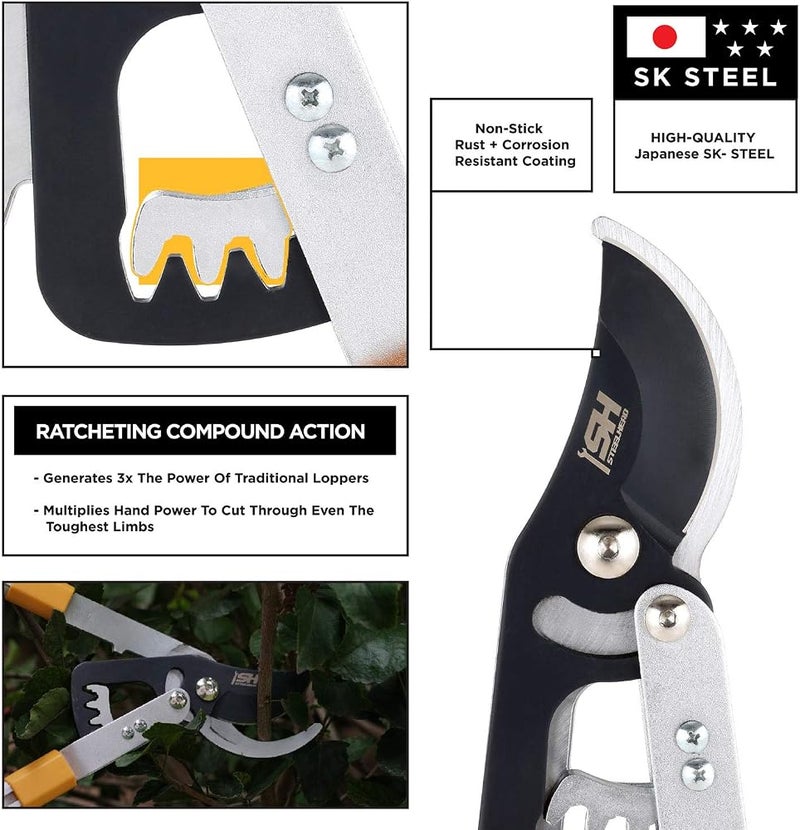STEELHEAD Heavy-Duty 27-40" Adjustable Gear-Bypass Limb & Branch Lopper, Telescoping Extendable Handles, Ratcheting, Cuts Up to 1-3/4”, Secateurs, Shock-Absorbing, Effort-Saving, USA-Based Support - Image 3