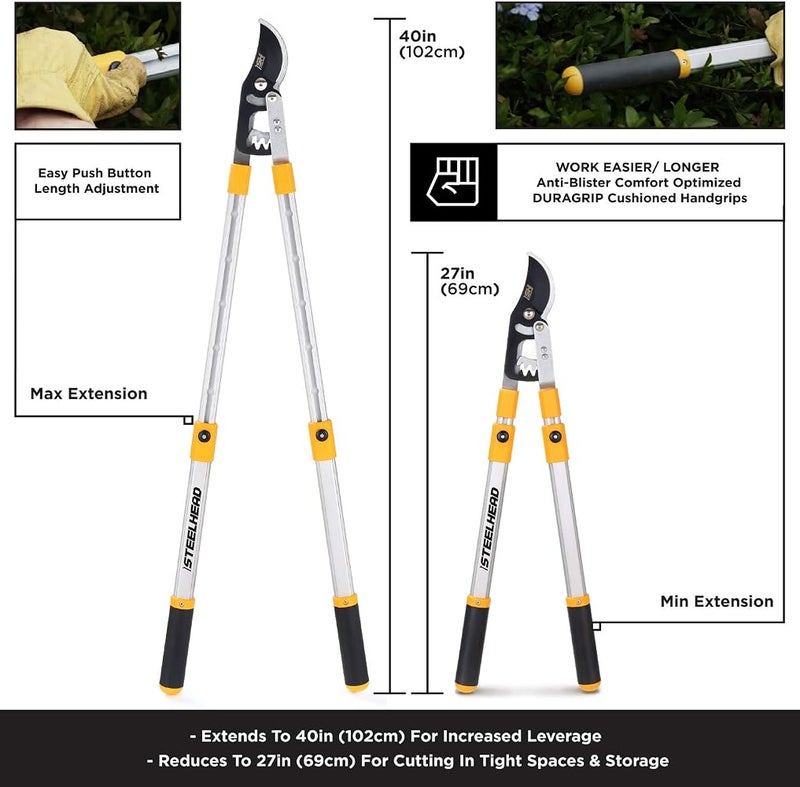 STEELHEAD Heavy-Duty 27-40" Adjustable Gear-Bypass Limb & Branch Lopper, Telescoping Extendable Handles, Ratcheting, Cuts Up to 1-3/4”, Secateurs, Shock-Absorbing, Effort-Saving, USA-Based Support - Image 2