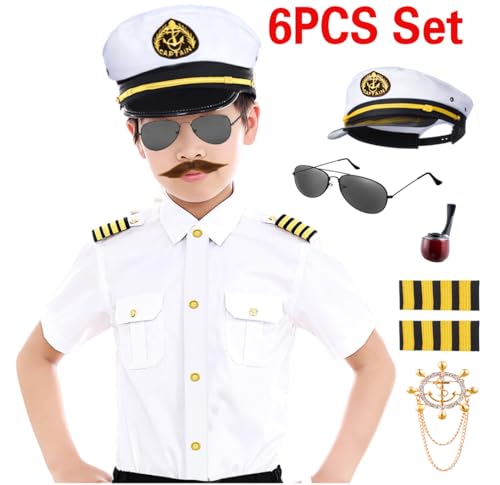 TOGROP Kids Yacht Captain Sailor Costume for Boys Shirt Hat Accessories 6 Pcs Set Party Cosplay 78Years White - Image 5