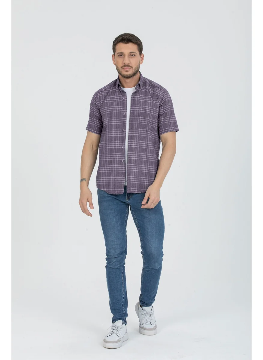 فاريتا Men's Plum Short Sleeved Pockets Check Collar Buttoned Cotton Shirt