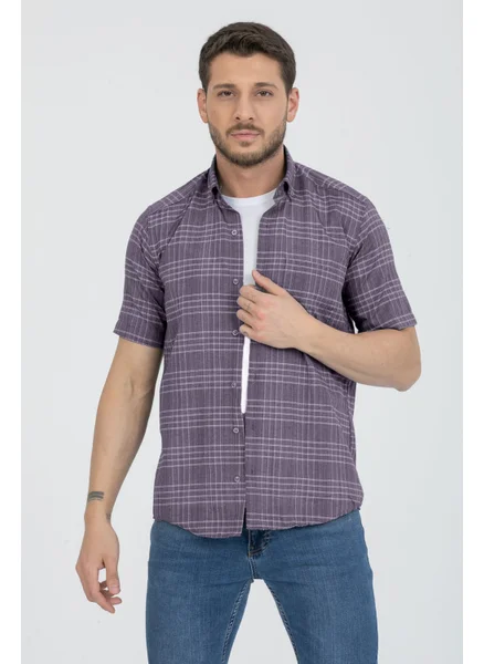 فاريتا Men's Plum Short Sleeved Pockets Check Collar Buttoned Cotton Shirt