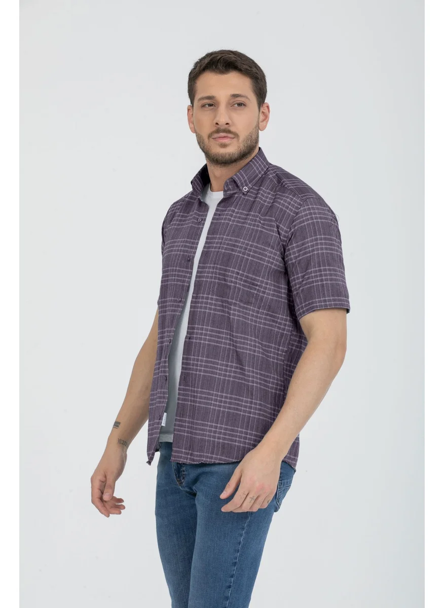 فاريتا Men's Plum Short Sleeved Pockets Check Collar Buttoned Cotton Shirt