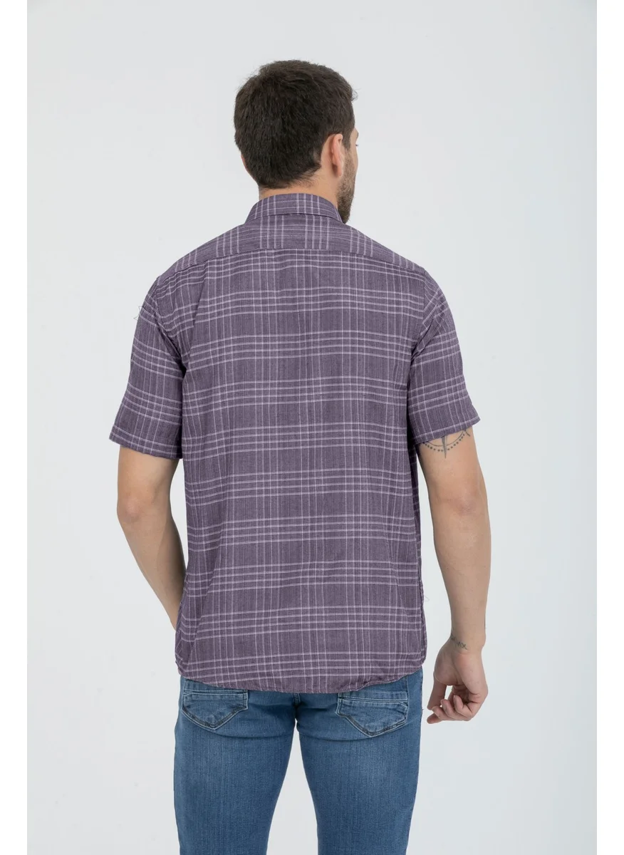 فاريتا Men's Plum Short Sleeved Pockets Check Collar Buttoned Cotton Shirt