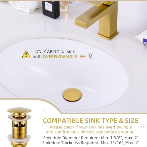 Angle Simple سدة حوض الحمام البسيطة بزاوية بلون ذهبي لامع عميق، سدة حوض نحاسية قابلة للرفع مع فتحة تصريف للحوض بفتحة تصريف من 1.61 إلى 2 بوصة - Image 3