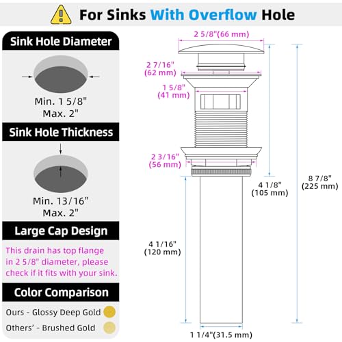 Angle Simple سدة حوض الحمام البسيطة بزاوية بلون ذهبي لامع عميق، سدة حوض نحاسية قابلة للرفع مع فتحة تصريف للحوض بفتحة تصريف من 1.61 إلى 2 بوصة - Image 2