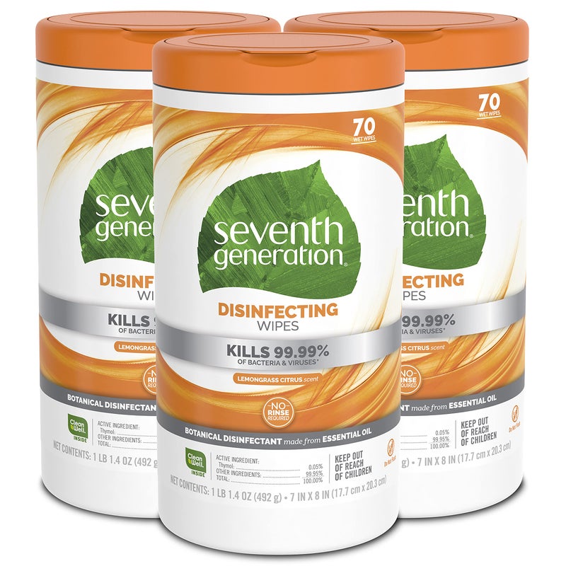 Seventh Generation Disinfecting Multi-Surface Wipes, Lemongrass Citrus, 70 Count, Pack of 3 (Packaging May Vary) - Image 1