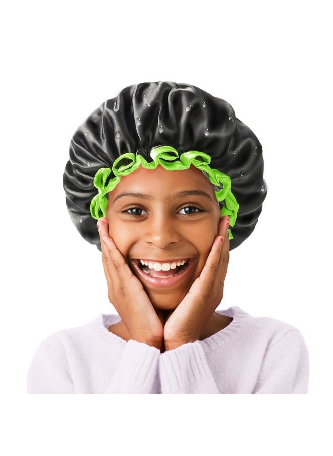 mikimini Black Small Shower Cap for Child 1 Pack, Double Layers Waterproof Bathing Hair Cap with Reusable Soft Comfortable PEVA Lining, Cute, non-fading & Stretchy Shower Hat  - Image 1