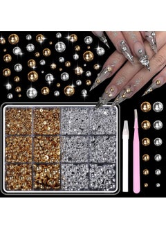 CESUSME Silver Gold Flatback Pearls for Crafting, 3D Half Round Metal Nail Beads, Nail Art Beads for Crafts, 2-8 mm Pearls Nails Art Jewels Nail Art Studs for Nail Supplies with Pickup Pencil and Tweezer 