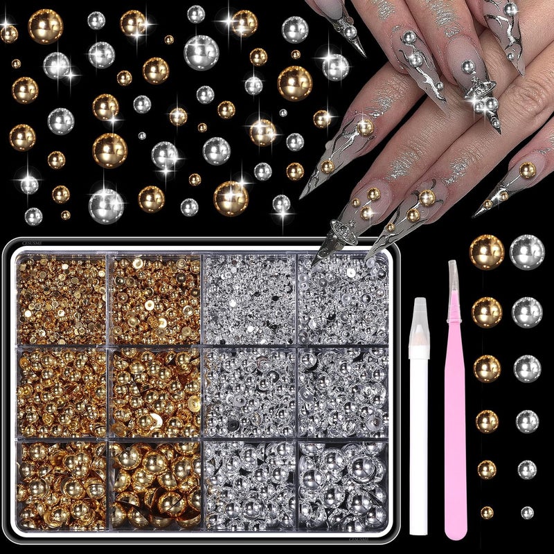 Silver Gold Flatback Pearls for Crafting, 3D Half Round Metal Nail Beads, Nail Art Beads for Crafts, 2-8 mm Pearls Nails Art Jewels Nail Art Studs for Nail Supplies with Pickup Pencil and Tweezer