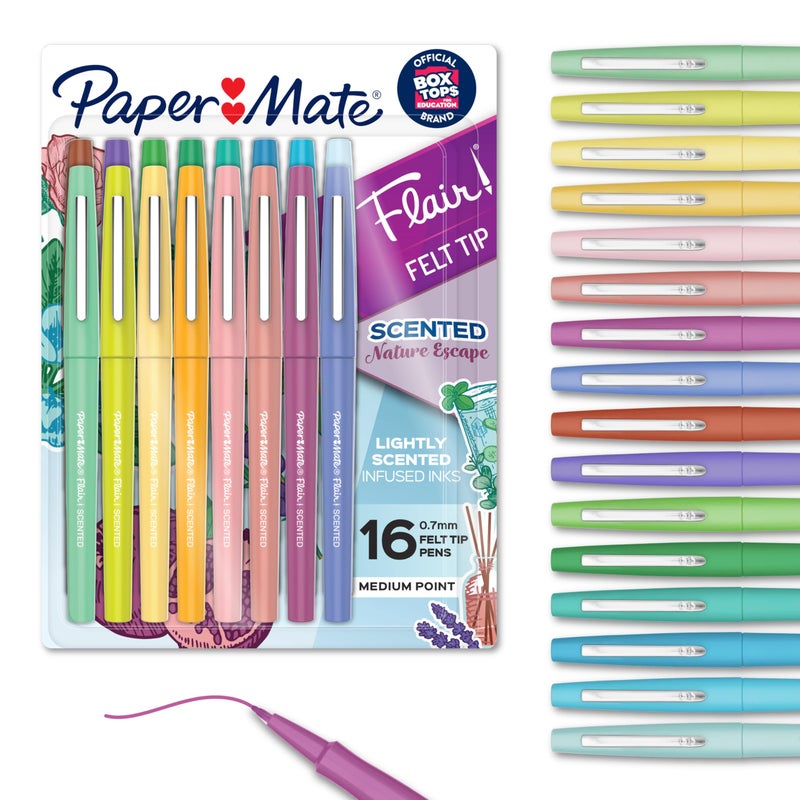 Paper Mate Flair Nature Escape Scented Felt Tip Pens, Medium Point (0.7mm), Assorted Colors, 16-Count (Perfect for Journaling, Writing, Coloring, and Teacher Supplies) - Image 1