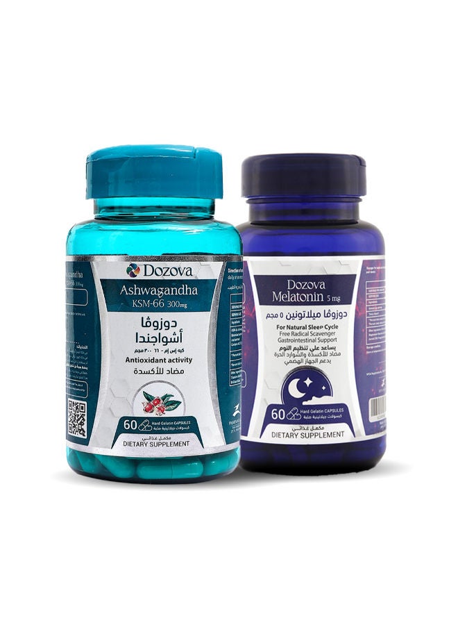 Dozova Relax & Sleep Bundle – KSM-66 Ashwagandha 300mg (60  Capsules) + Melatonin 5mg (60 Capsules) – Natural Stress Relief, Mood & Thyroid Support, Sleep Aid & Antioxidant Support - Image 1