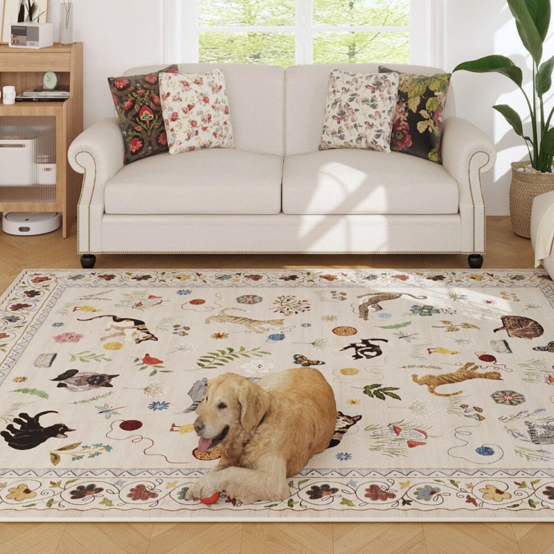 Rugcomf Living Room Rug 5x7 Rug Machine Washable Boho Area Rug Non Slip Floral Animal Cat Vintage Low Pile Large Rugs for Living Room Bedroom Farmhouse Dining Room Kids Playroom, Beige - Image 3
