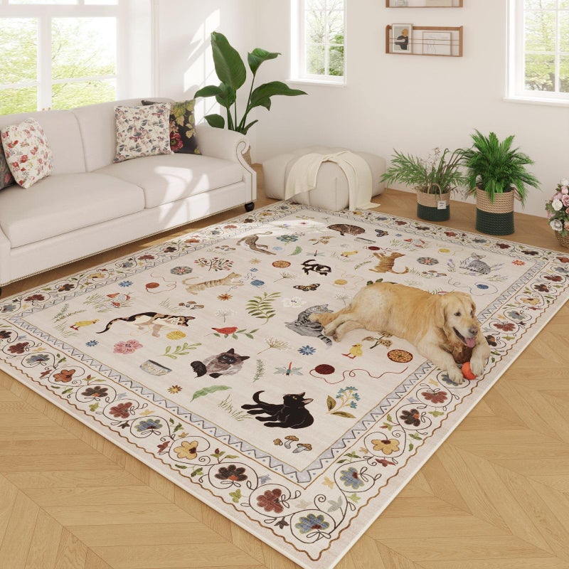 Rugcomf Living Room Rug 5x7 Rug Machine Washable Boho Area Rug Non Slip Floral Animal Cat Vintage Low Pile Large Rugs for Living Room Bedroom Farmhouse Dining Room Kids Playroom, Beige - Image 2