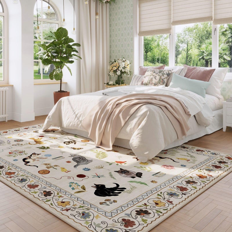 Rugcomf Living Room Rug 5x7 Rug Machine Washable Boho Area Rug Non Slip Floral Animal Cat Vintage Low Pile Large Rugs for Living Room Bedroom Farmhouse Dining Room Kids Playroom, Beige - Image 4