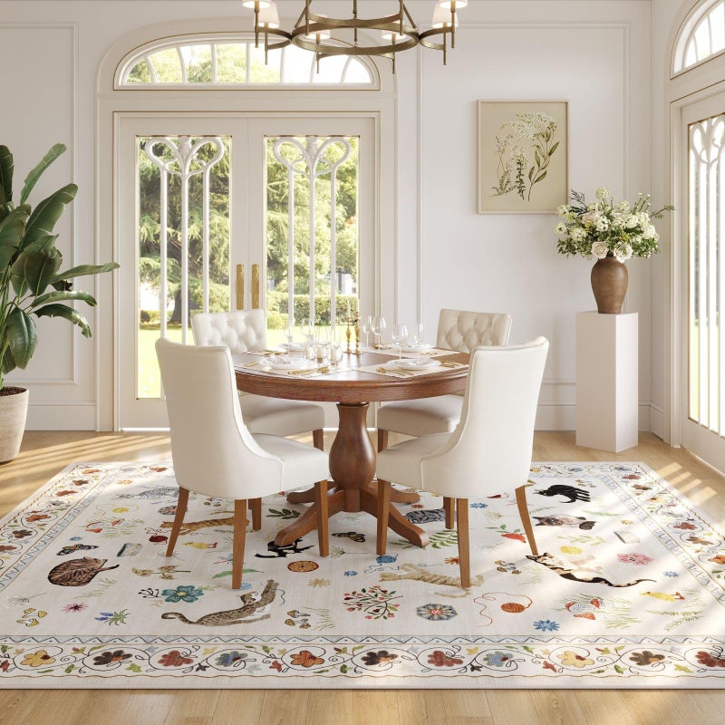 Rugcomf Living Room Rug 5x7 Rug Machine Washable Boho Area Rug Non Slip Floral Animal Cat Vintage Low Pile Large Rugs for Living Room Bedroom Farmhouse Dining Room Kids Playroom, Beige - Image 5