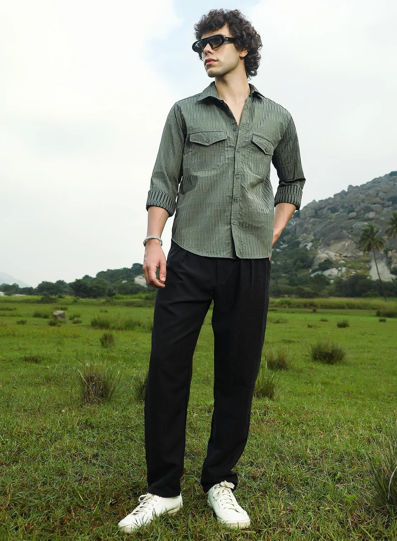 Campus Sutra Men's Moon Grey Crimp-Tactile Utility Shirt