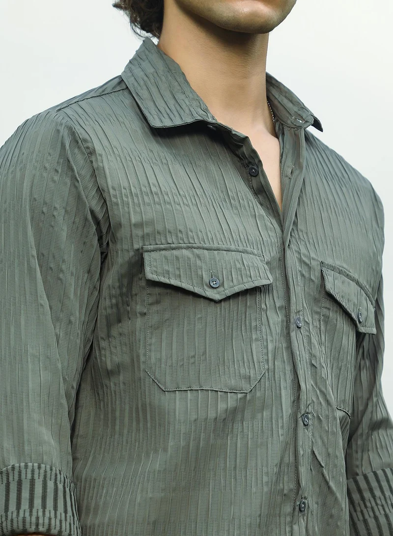 Campus Sutra Men's Moon Grey Crimp-Tactile Utility Shirt