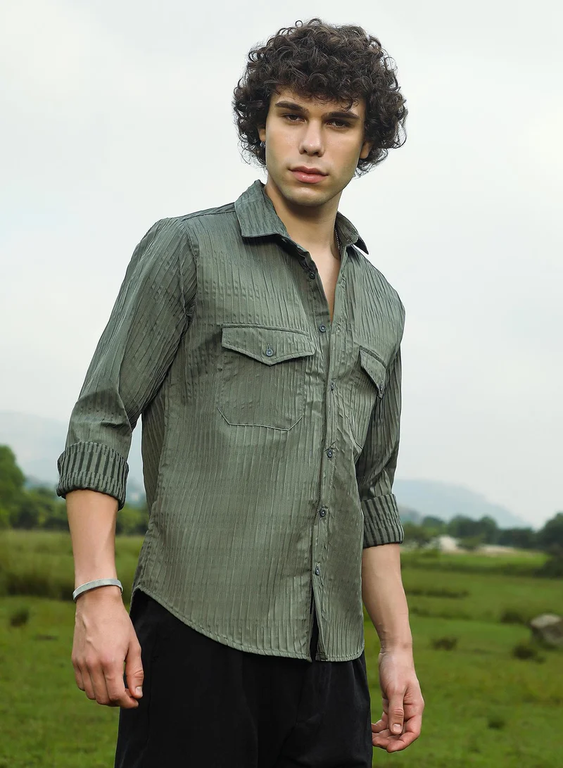 Campus Sutra Men's Moon Grey Crimp-Tactile Utility Shirt