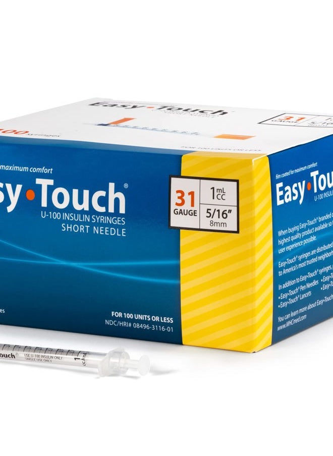 EasyTouch U-100 Insulin Syringe with Needle, 31G 1cc 5/16-Inch (8mm), Box of 100  - Image 1