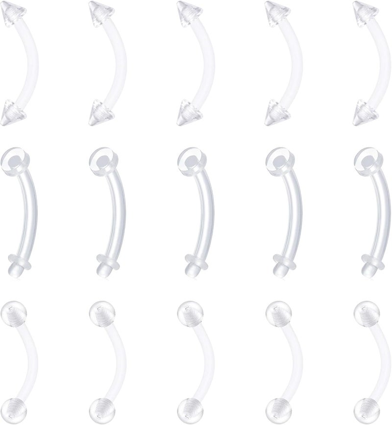 FECTAS أقراط دايث روك مرنة من البلاستيك الشفاف 16G 14G حلقات حواجب باربيلز منحنية 15 قطعة - Image 1