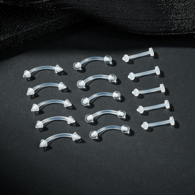 FECTAS أقراط دايث روك مرنة من البلاستيك الشفاف 16G 14G حلقات حواجب باربيلز منحنية 15 قطعة - Image 3