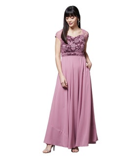 Miss Chase Miss Chase Women's Lavender & Wine V-Neck Cap Sleeves Floral Lace Fit & Flare Maxi Dress (MCSS21D06-11-249-03, Lavender & Wine, S)  - Image 2