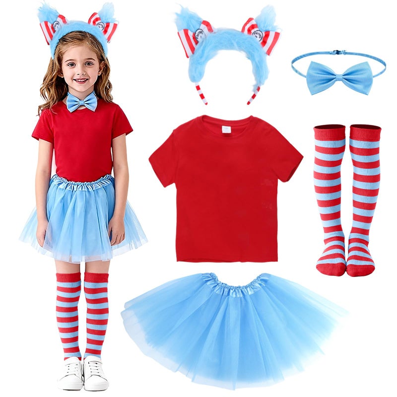 Kitimi Tulle Tutu Skirt with T-Shirt Set, Carnival Cosplay Costume for Girls, Tulle Dress, Headband, Bow Tie and Socks Blue - Image 1