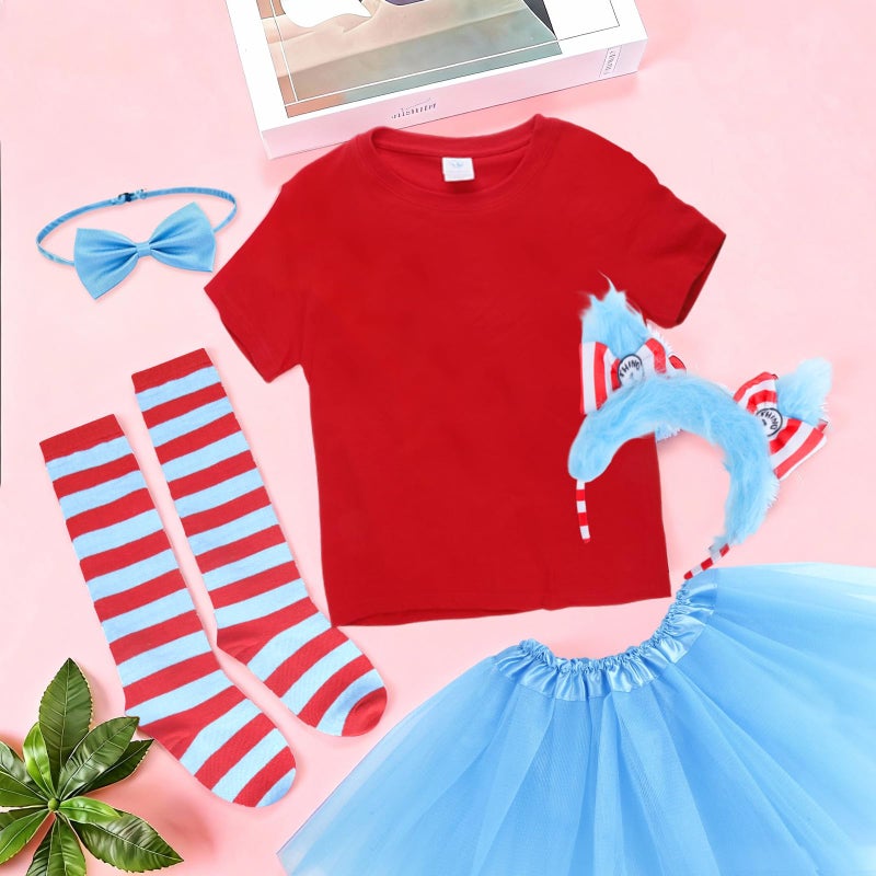 Kitimi Tulle Tutu Skirt with T-Shirt Set, Carnival Cosplay Costume for Girls, Tulle Dress, Headband, Bow Tie and Socks Blue - Image 3