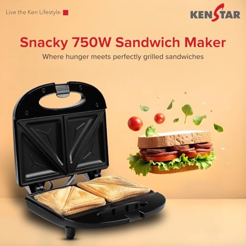 Kenstar SNACKY 750W Sandwich Maker | Non-Stick 2-Slice Grill Plates | Cool-Touch Body & Auto Cut-Off | Black - Image 2